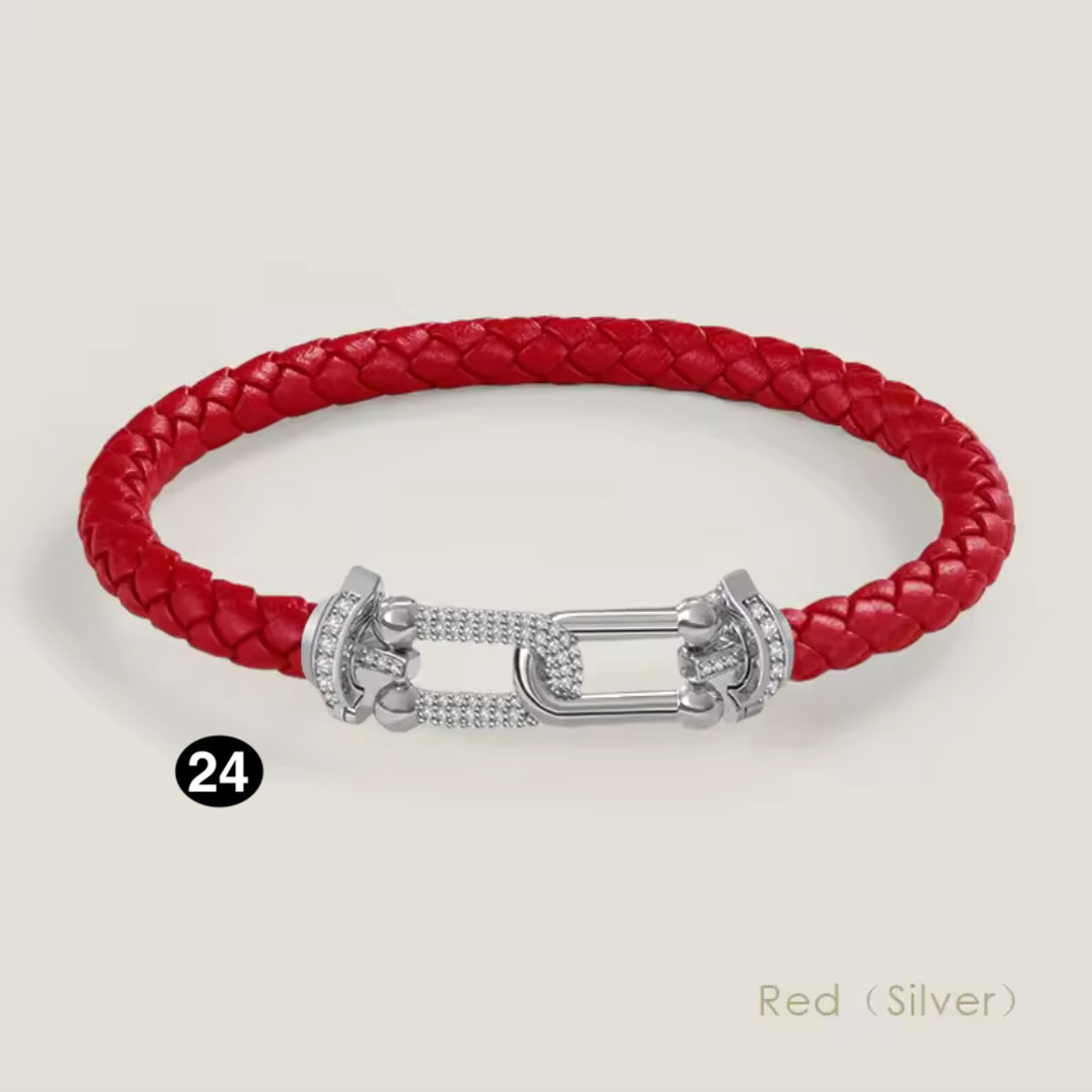Braided Leather Bracelet with Zircon Gold Clasp