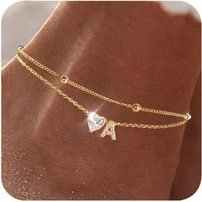 Gold Letter Anklet with Sparkling CZ Heart