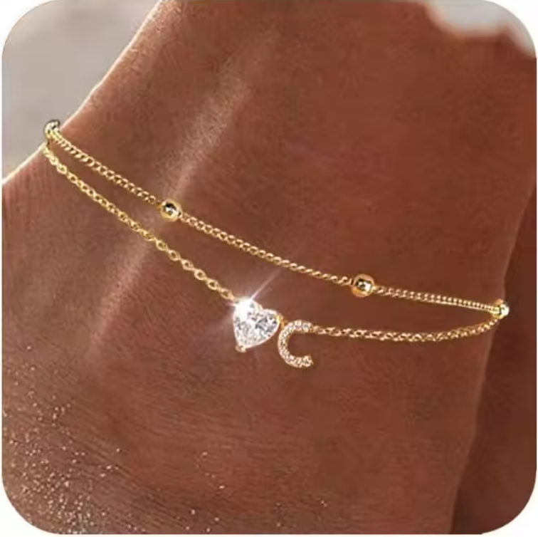 Gold Letter Anklet with Sparkling CZ Heart