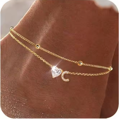 Gold Letter Anklet with Sparkling CZ Heart