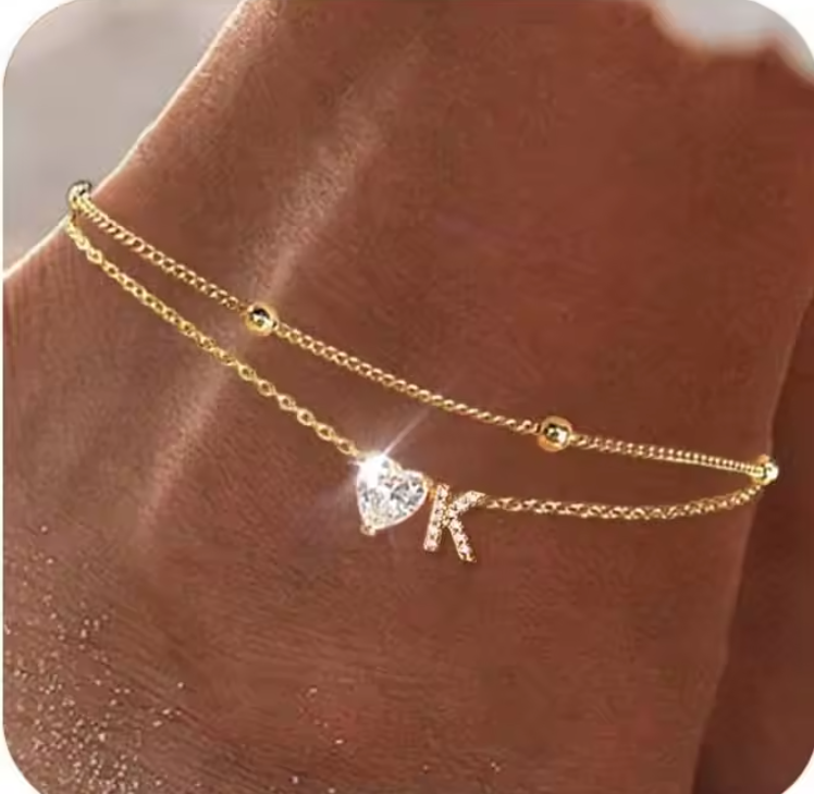 Gold Letter Anklet with Sparkling CZ Heart