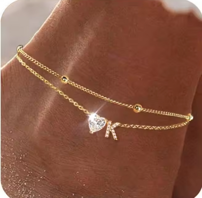 Gold Letter Anklet with Sparkling CZ Heart