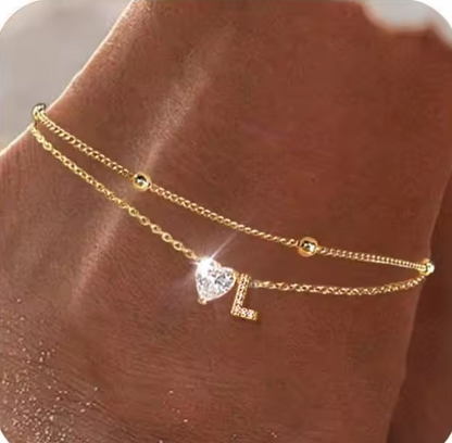 Gold Letter Anklet with Sparkling CZ Heart