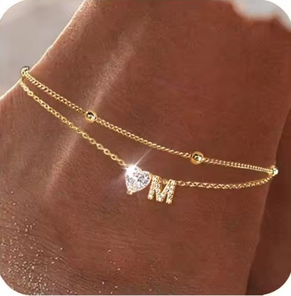Gold Letter Anklet with Sparkling CZ Heart