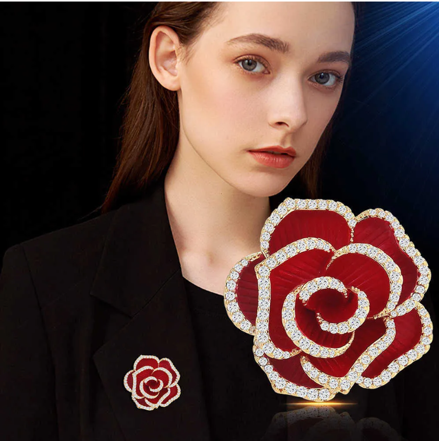 Luxury Rose Flower Brooch – Crystal Pin for Women