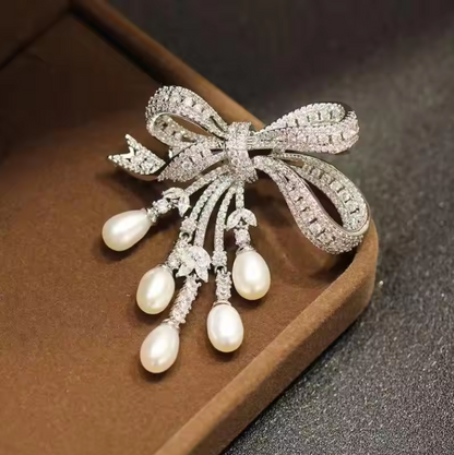 Luxury Crystal Bow Pearl Brooch – Elegant Ribbon Pin for Women