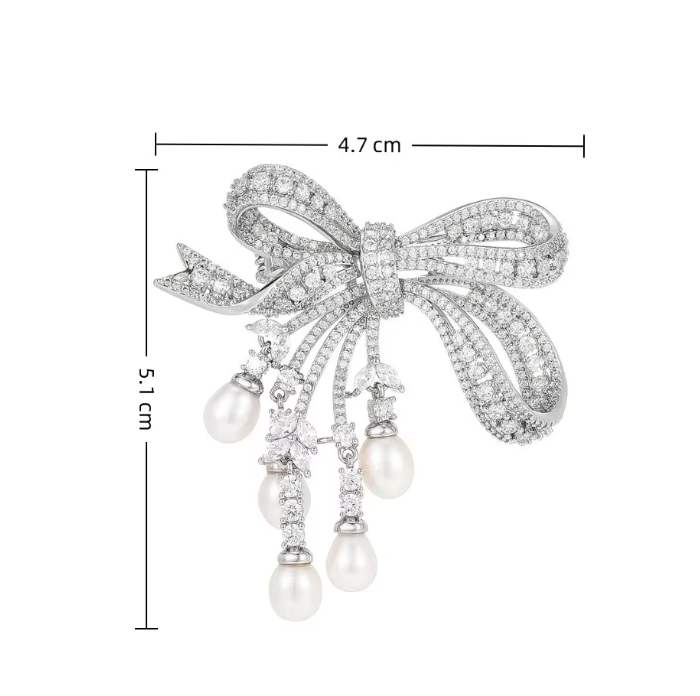 Luxury Crystal Bow Pearl Brooch – Elegant Ribbon Pin for Women