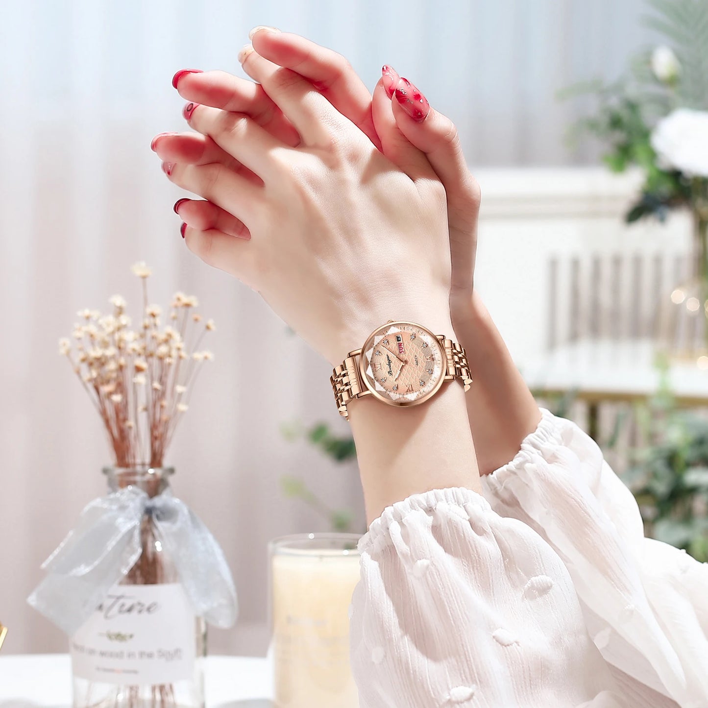 Elegant Rose Gold Women’s Watch – Waterproof Stainless Steel Luxury Bracelet with Luminous Dial