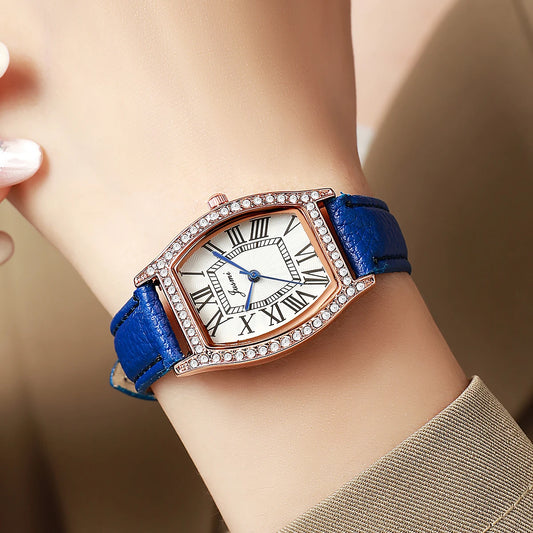 Luxury Blue Leather Quartz Women’s Watch – Silver Diamond Frame, Roman Dial, Elegant Gift Idea