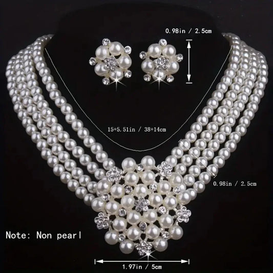 Vintage Pearl Flower Jewelry Set – Multi-Layer Elegant Necklace & Stud Earrings for Women