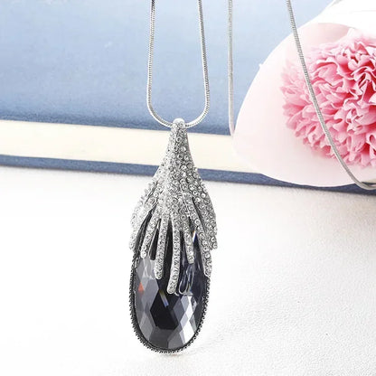 Elegant Crystal Pendant Necklace – Long Chain, Square Charm, Semi-Precious Stone, Timeless Women’s Jewelry