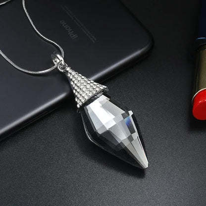 Elegant Crystal Pendant Necklace – Long Chain, Square Charm, Semi-Precious Stone, Timeless Women’s Jewelry