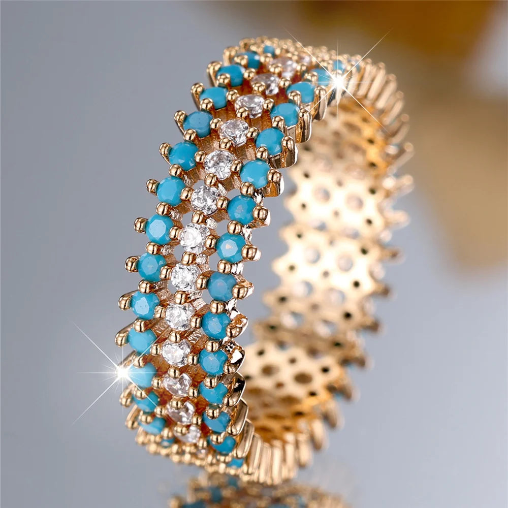 Gold Turquoise & Zircon Ring for Women