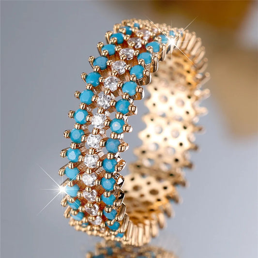 Gold Turquoise & Zircon Ring for Women