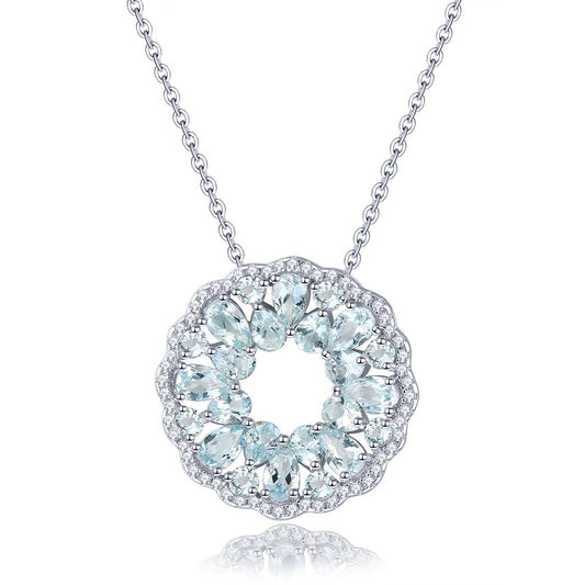 Luxury Aquamarine Circle Pendant – 925 Sterling Silver, Light Blue Sparkle