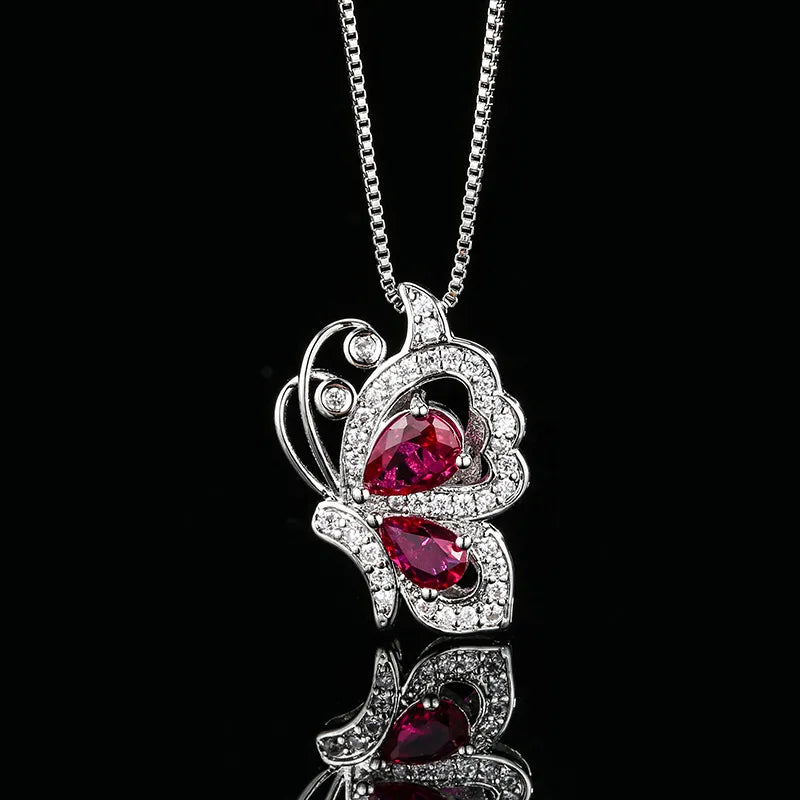 Luxury Ruby Butterfly Zircon Jewelry Set – Necklace Earrings & Ring