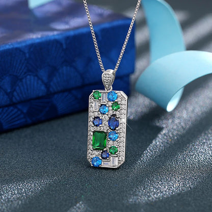 Blue Green Cubic Zirconia Silver Pendant Necklace
