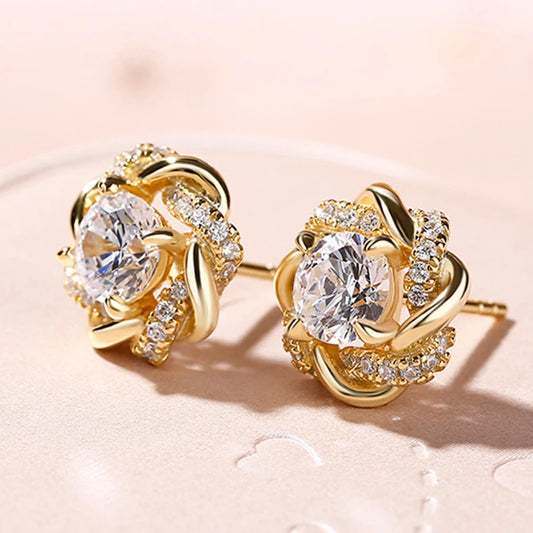 Luxury Gold Flower Stud Earrings – Dainty Cubic Zirconia Sparkle for Daily Elegance