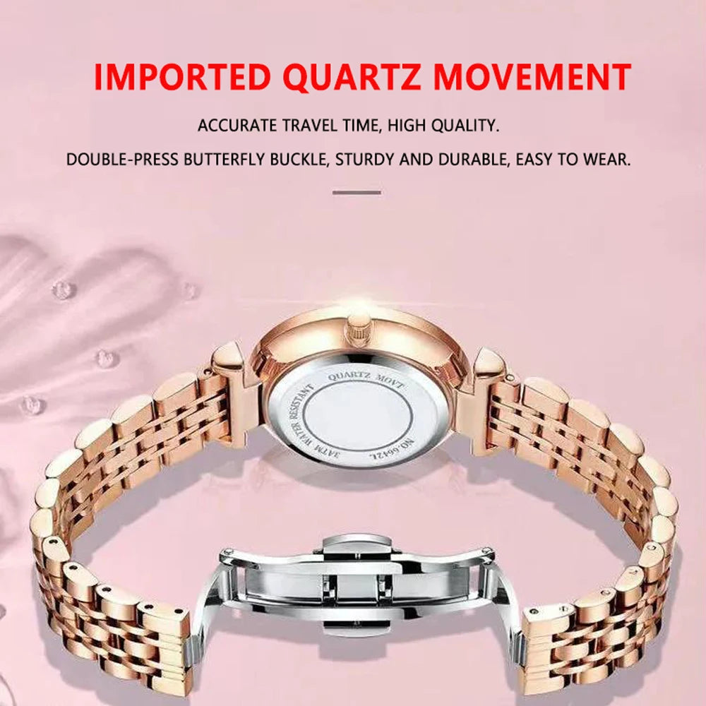 Elegant Rose Gold Women’s Watch – Waterproof Stainless Steel Luxury Bracelet with Luminous Dial