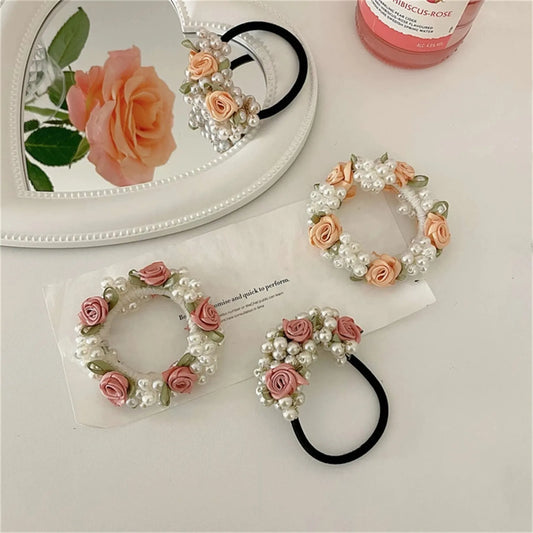 Floral Pearl Hair Ties – Elegant Rose & Beads Hair Accessory