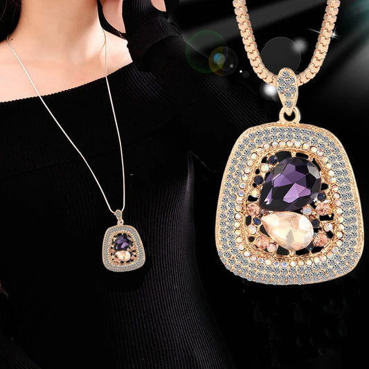 Elegant Crystal Pendant Necklace – Long Chain, Square Charm, Semi-Precious Stone, Timeless Women’s Jewelry