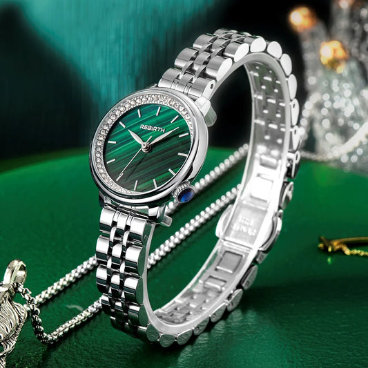 Elegant Green Dial Women's Watch – Crystal Stainless Steel Quartz Watch
