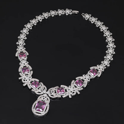 Royal Amethyst Crystal Jewelry Set – 4PCS Elegant Purple Zircon Necklace, Earrings, Bracelet & Ring for Evening, Wedding, or Gift