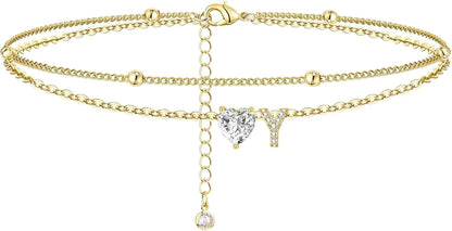 14K Gold Plated Anklet with Initial & CZ Stones – Trendy Elegant Design for a Glamorous Look