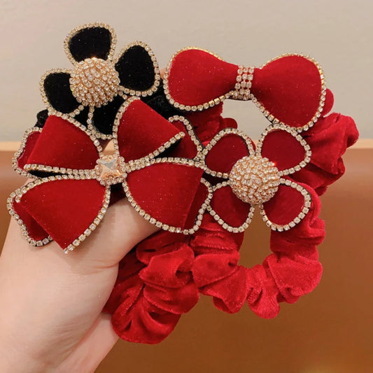 Velvet Bow & Crystal Flower Hair Tie – Elegant Hair Accessory
