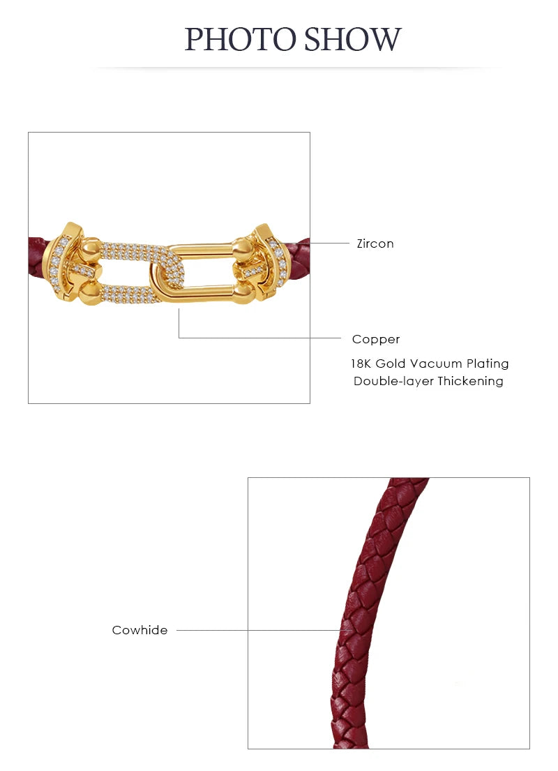 Braided Leather Bracelet with Zircon Gold Clasp