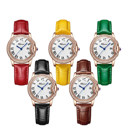 Elegant Crystal Women’s Watch – Premium Leather Strap & Classic Roman Dial