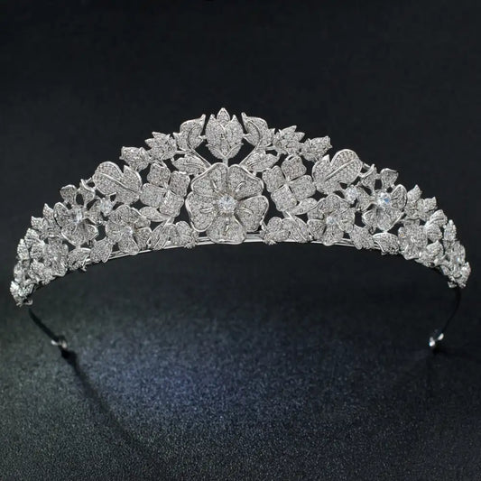 Royal Floral Bridal Tiara – Luxury Cubic Zirconia Crown for Weddings & Special Occasions