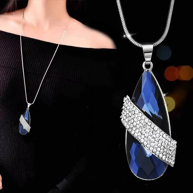 Elegant Crystal Pendant Necklace – Long Chain, Square Charm, Semi-Precious Stone, Timeless Women’s Jewelry