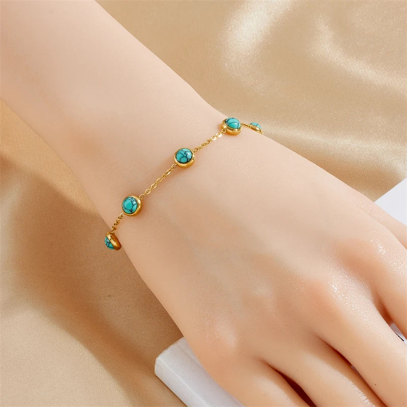 Stainless Steel Round Turquoise Necklace Bracelet Earrings Suit For Womens  TrendNon-fading jewelry Set