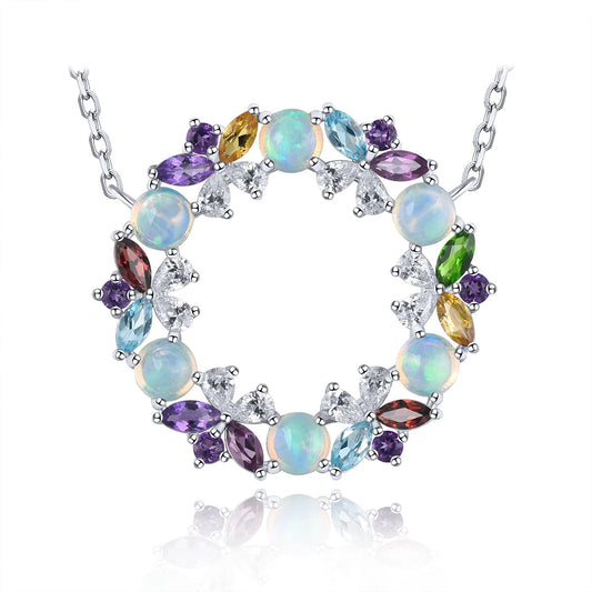 Sterling Silver Circle Pendant with Natural Multicolor Gemstones – Elegant Everyday Sparkle