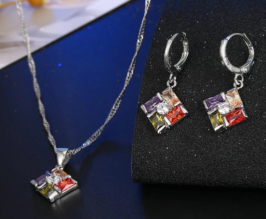 Colorful Zircon Set for Women – Square Pendant Necklace & Elegant Earrings