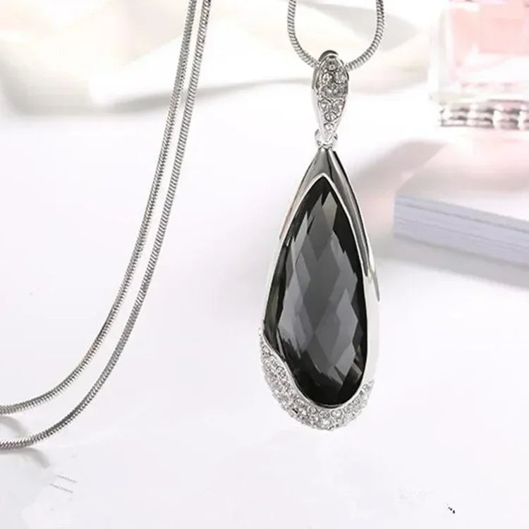 Elegant Crystal Pendant Necklace – Long Chain, Square Charm, Semi-Precious Stone, Timeless Women’s Jewelry
