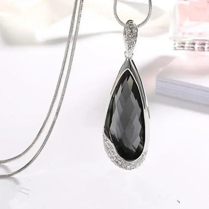 Elegant Crystal Pendant Necklace – Long Chain, Square Charm, Semi-Precious Stone, Timeless Women’s Jewelry