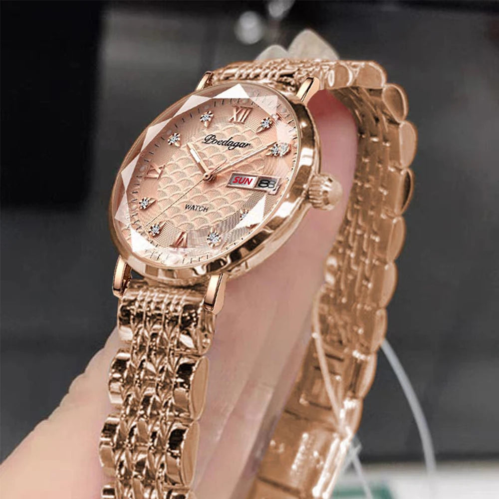 Elegant Rose Gold Women’s Watch – Waterproof Stainless Steel Luxury Bracelet with Luminous Dial
