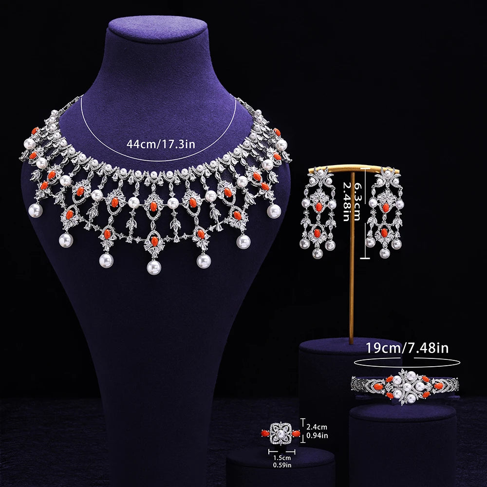 Luxury Pearl  Jewelry Set - CZ Crystal Necklace, Earrings, Ring & Bracelet For Women Perfect for Special Occasions