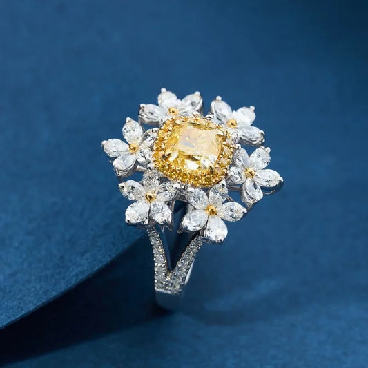 Luxury Yellow Zircon Flower Ring – Elegant Silver-Plated Crystal Design