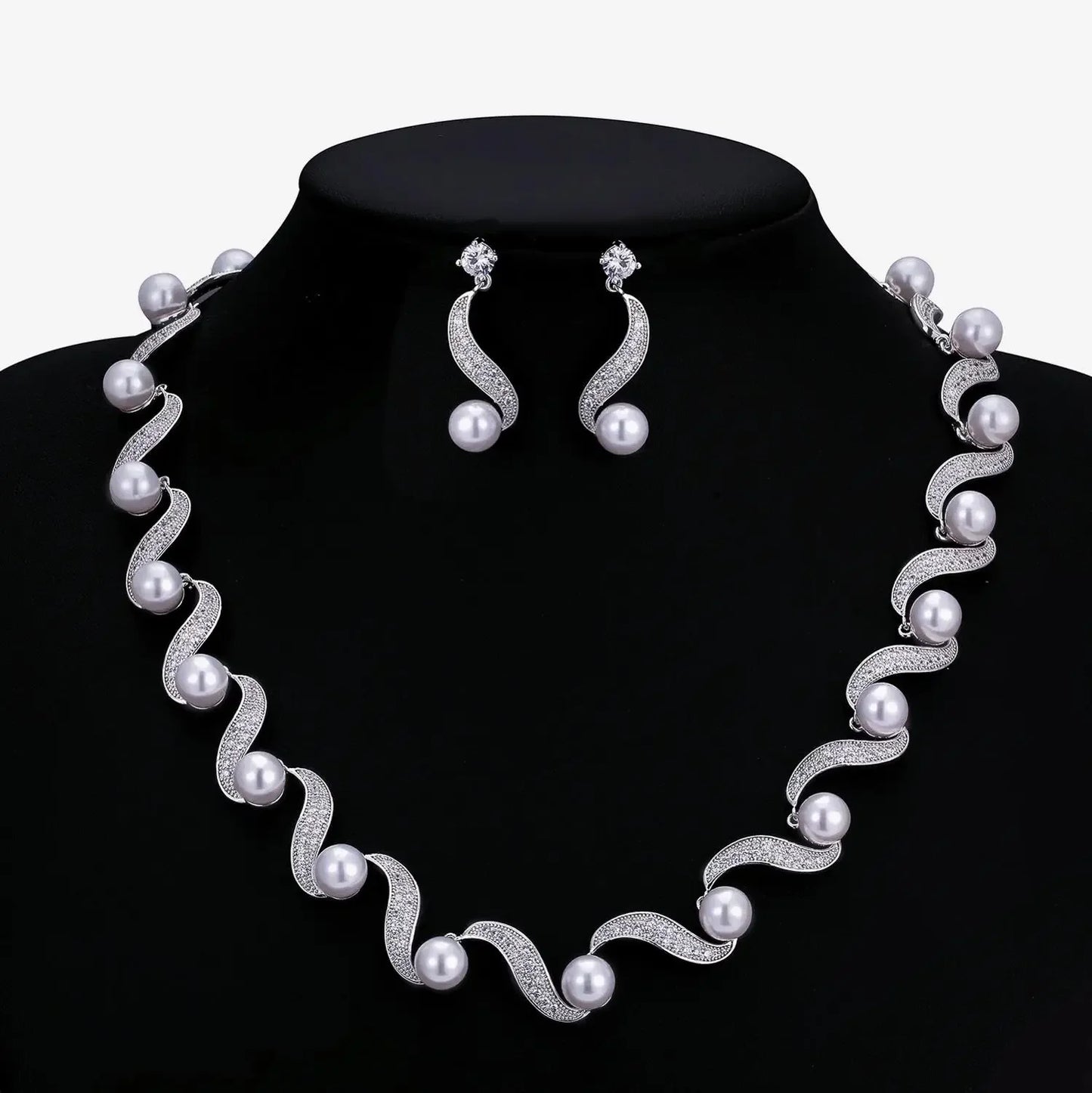 Luxury Pearl & Cubic Zirconia Jewelry Set – Bridal Necklace & Earrings for Weddings & Parties