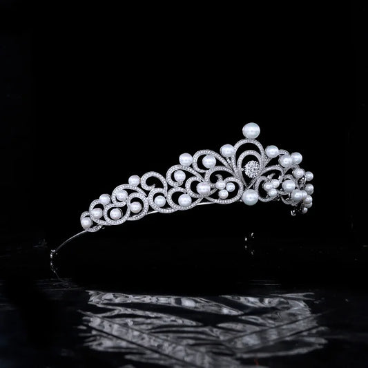 Elegant Royal Wedding Crown with Baroque Design – Pearl & Zircon Tiara for Brides