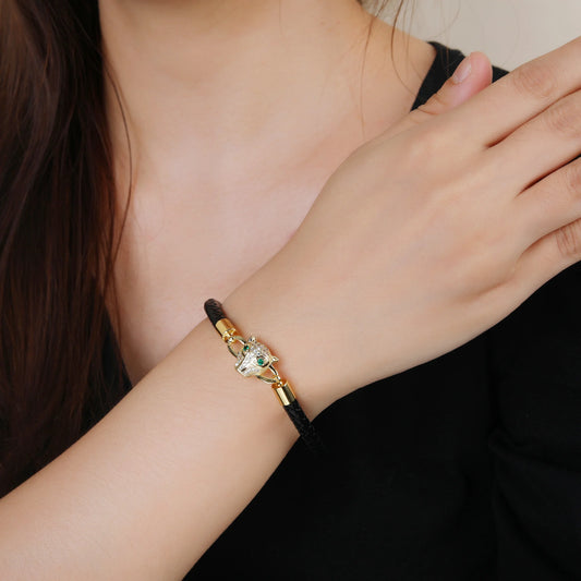 Luxury Leather Bracelet with Zircon Charm – Stainless Steel Magnetic Clasp
