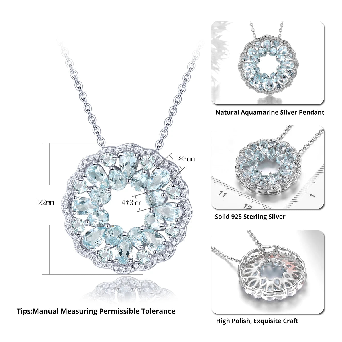 Luxury Aquamarine Circle Pendant – 925 Sterling Silver, Light Blue Sparkle