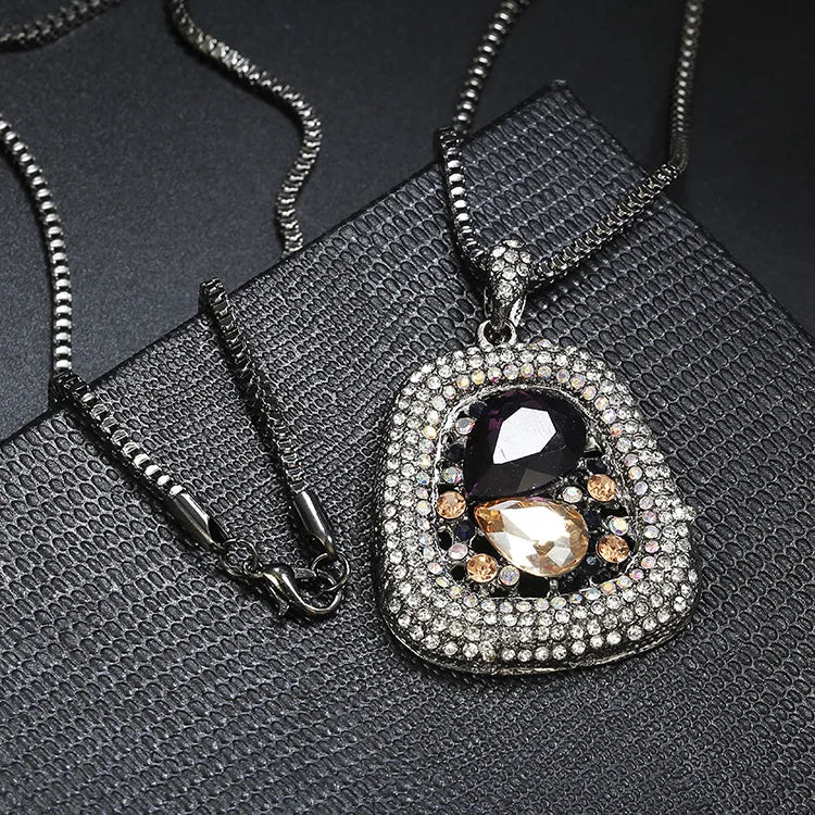 Elegant Crystal Pendant Necklace – Long Chain, Square Charm, Semi-Precious Stone, Timeless Women’s Jewelry