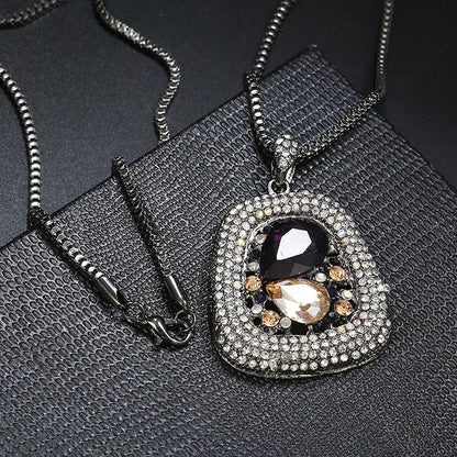 Elegant Crystal Pendant Necklace – Long Chain, Square Charm, Semi-Precious Stone, Timeless Women’s Jewelry