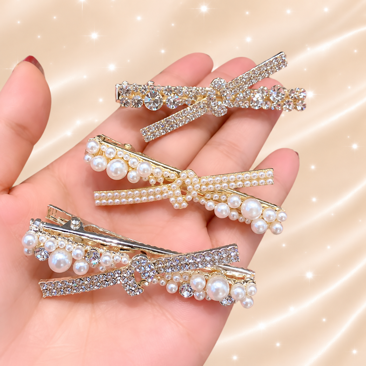 Pearl & Rhinestone Bow Hair Clips