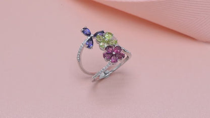 Colorful Gemstone Flower Ring 925 Sterling Silver – Luxury Adjustable Ring