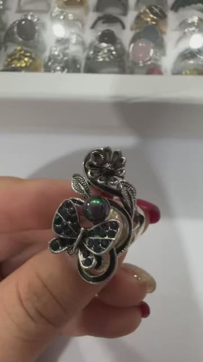 Elegant Blue Pearl Butterfly Ring – Artistic Floral Design for Women